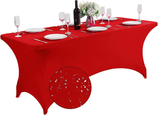 SuperO Waterproof Spandex Table Cover for 6FT Table Universal Fitted Stretch Tablecloth for Party, Banquet, Wedding and Events-Red