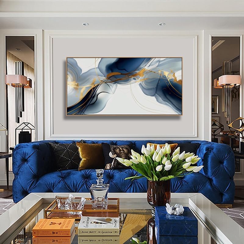 HUADAOART Wall Art Abstract Painting Modern Art Gold and Blue Background Canvas Prints Pictures for Living Room Bedroom Artwork Home Decor Framed 20x40inch (Blue)