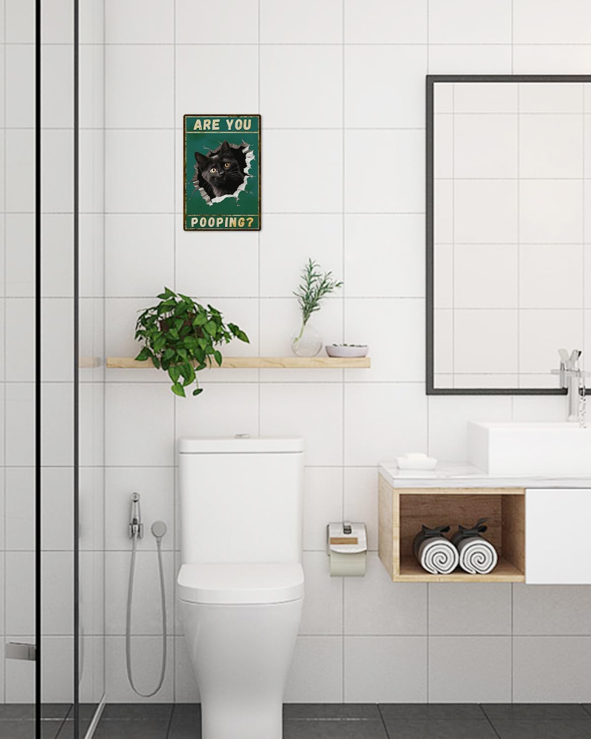 ALKB Are You Pooping Signs Funny Black Cat Sign for Bathroom Wall Decor, Vintage Cat Gift 8 x 12 Inch