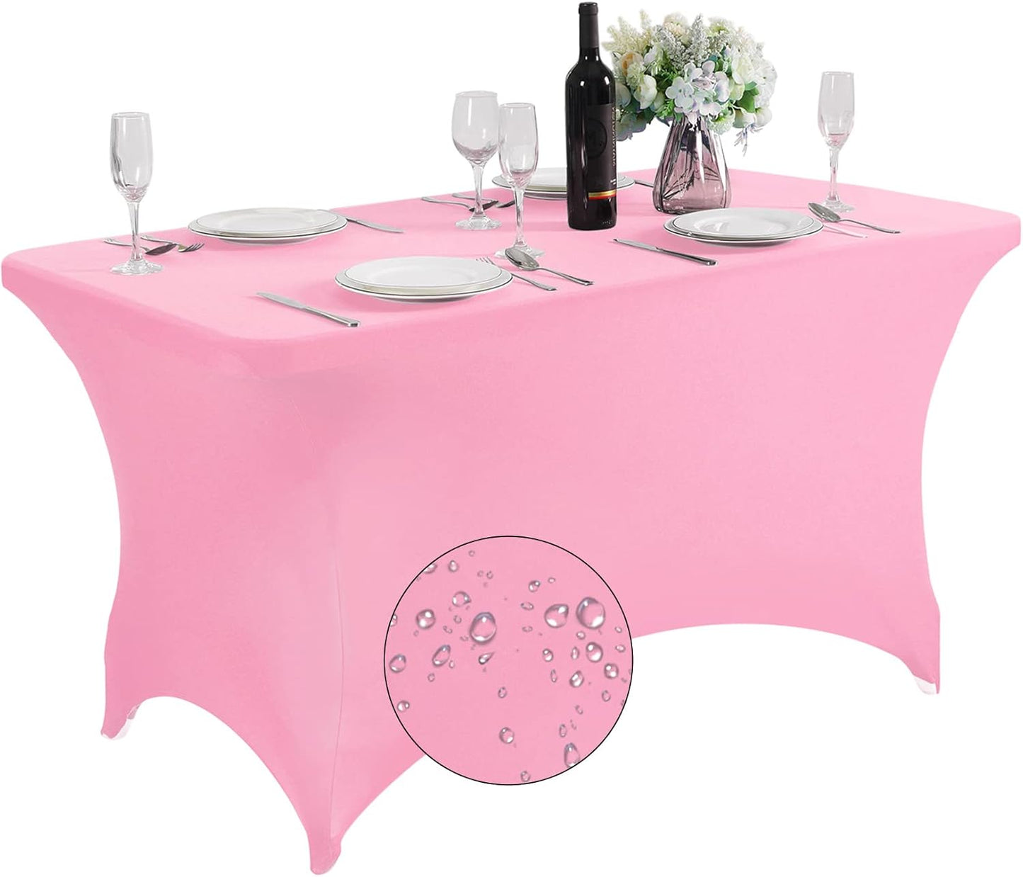 SuperO Waterproof Spandex Table Cover for 4FT Table Universal Fitted Stretch Tablecloth for Party, Banquet, Wedding and Events-Pink