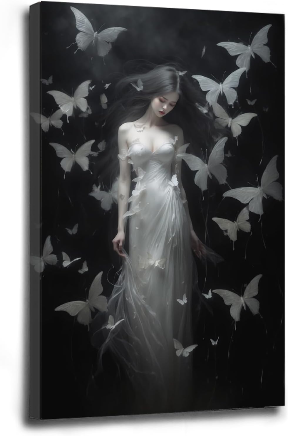 Vintage Gothic Feminine Canvas Wall Art Print Butterfly Poster Moody Female Wall Art Retro Artwork Dark College Decor for Home Bedroom24x36in Wood Framed