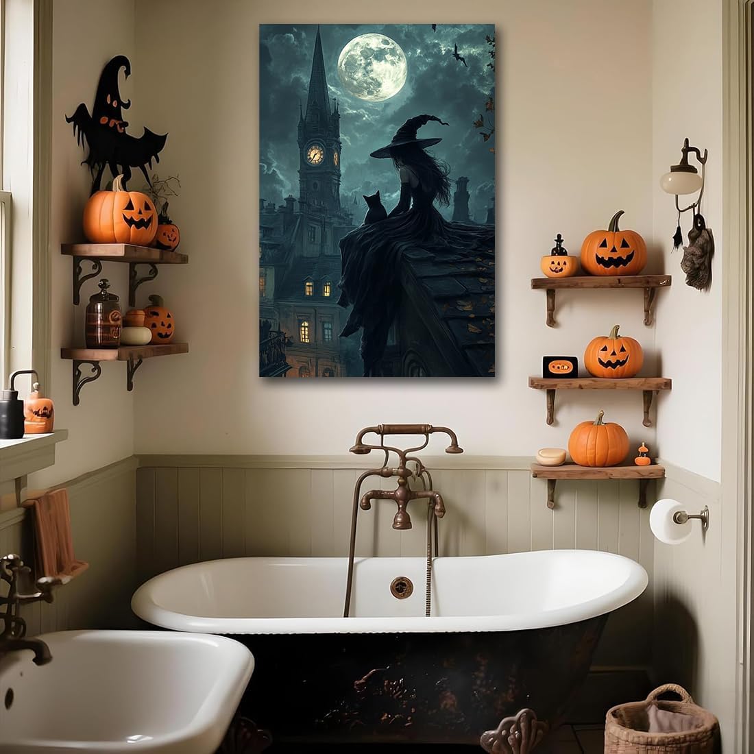 Halloween Witch Black Cat Wall Art,Magical Moon Witch on Roof with Black Cat at Night Scene Painting Haunting Dark Witches Canvas Print for Haunted House Party Decor Poster,20"x30" Unframed