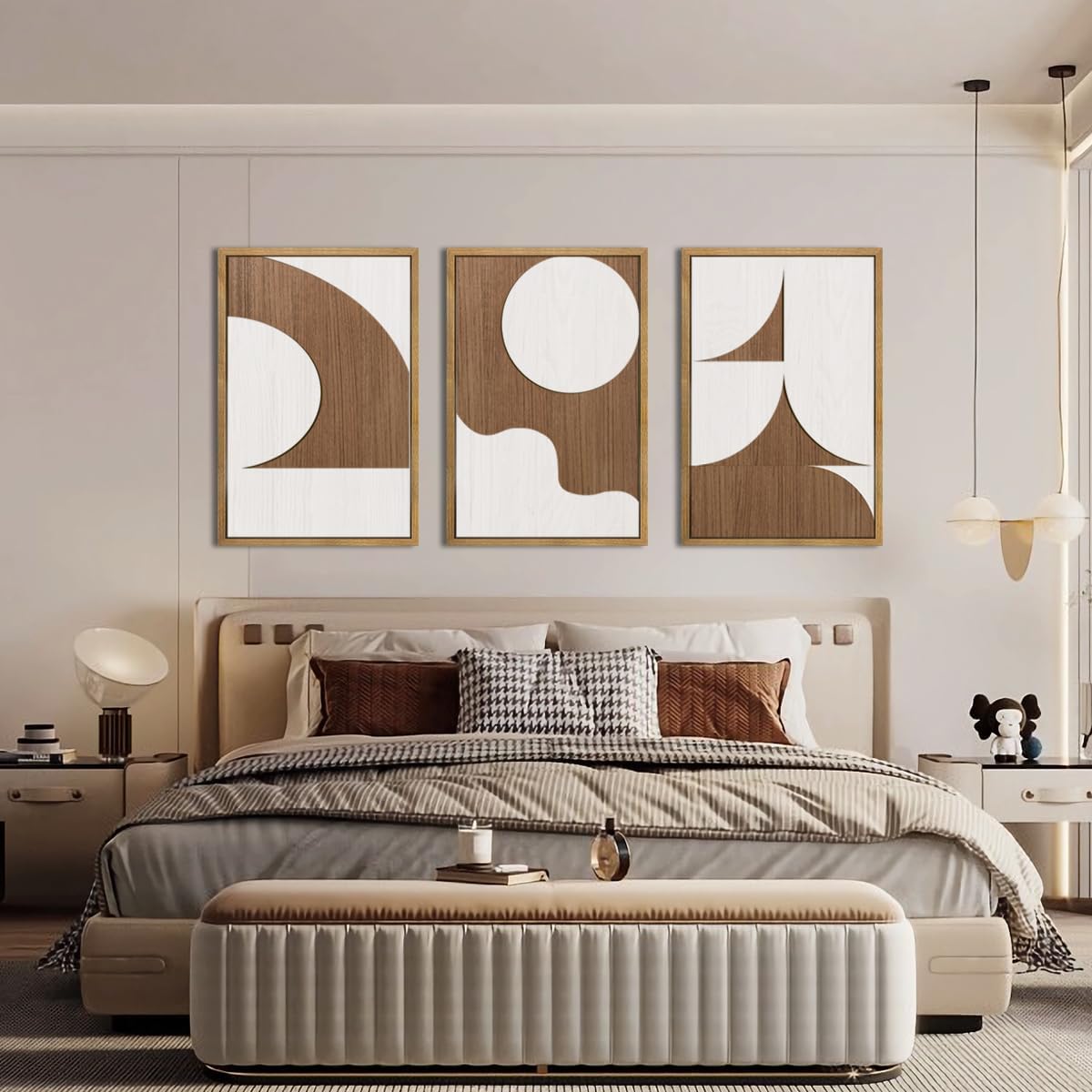 Large Abstract Brown and Beige Wall Art Set Modern Geometric Wood Grain Wall Decor Minimalist Neutral Mid Century Artwork Bohemian Art Decor for Living Room Bedroom Office-16x24Inch x3