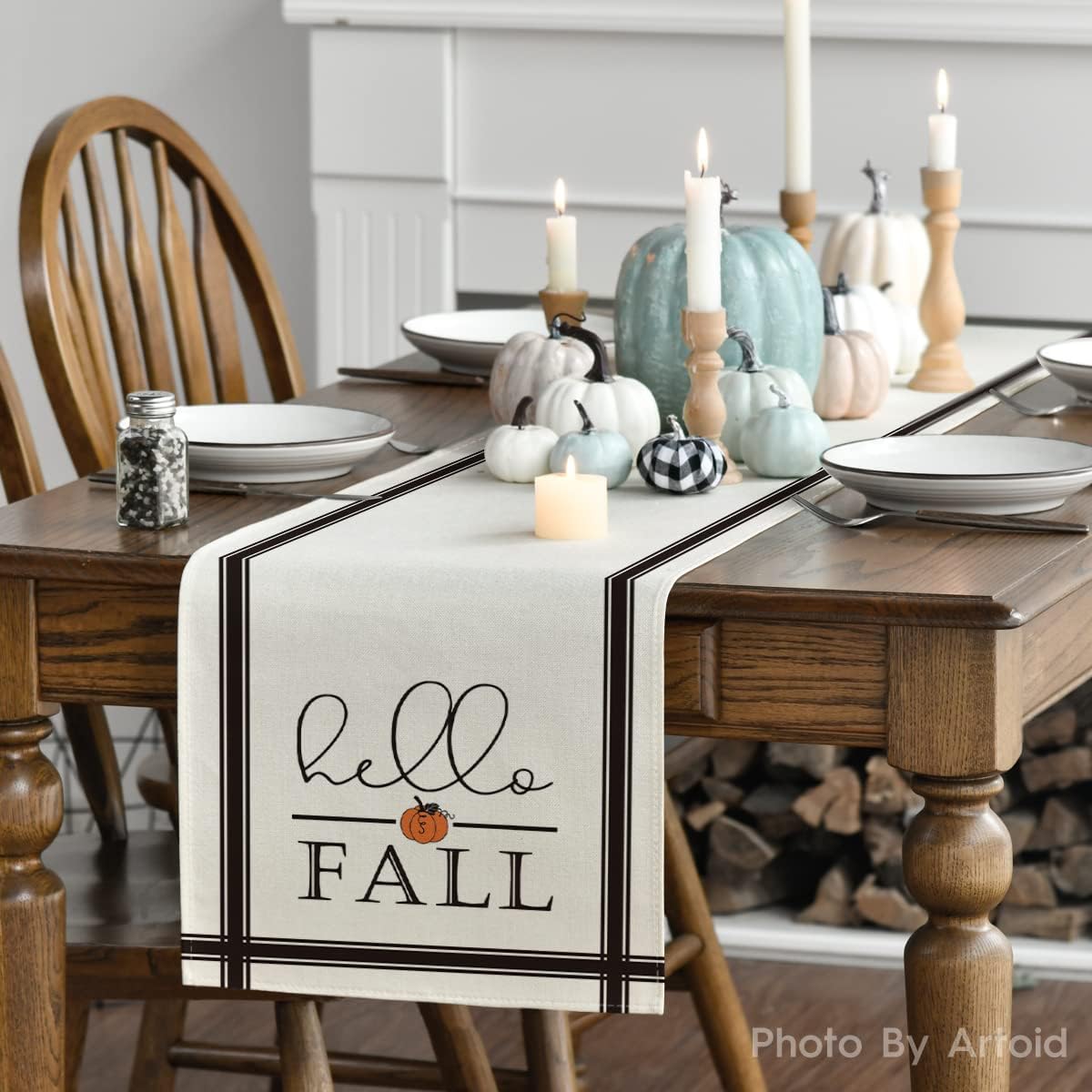 Artoid Mode Hello Fall Pumpkin Table Runner, Seasonal Harvest Vintage Thanksgiving Kitchen Dining Table Decoration for Indoor Outdoor Home Party Decor 13 x 36 Inch