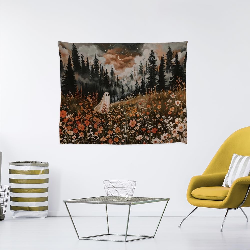 Spooky Fall Forest Art Halloween Tapestry Wall Hanging Cute and Funny Forest Flower Ghost Tapestry for Bedroom Whimsical Dark Academia Aesthetic Tapestries for Home Living Room Decor 30x40inch