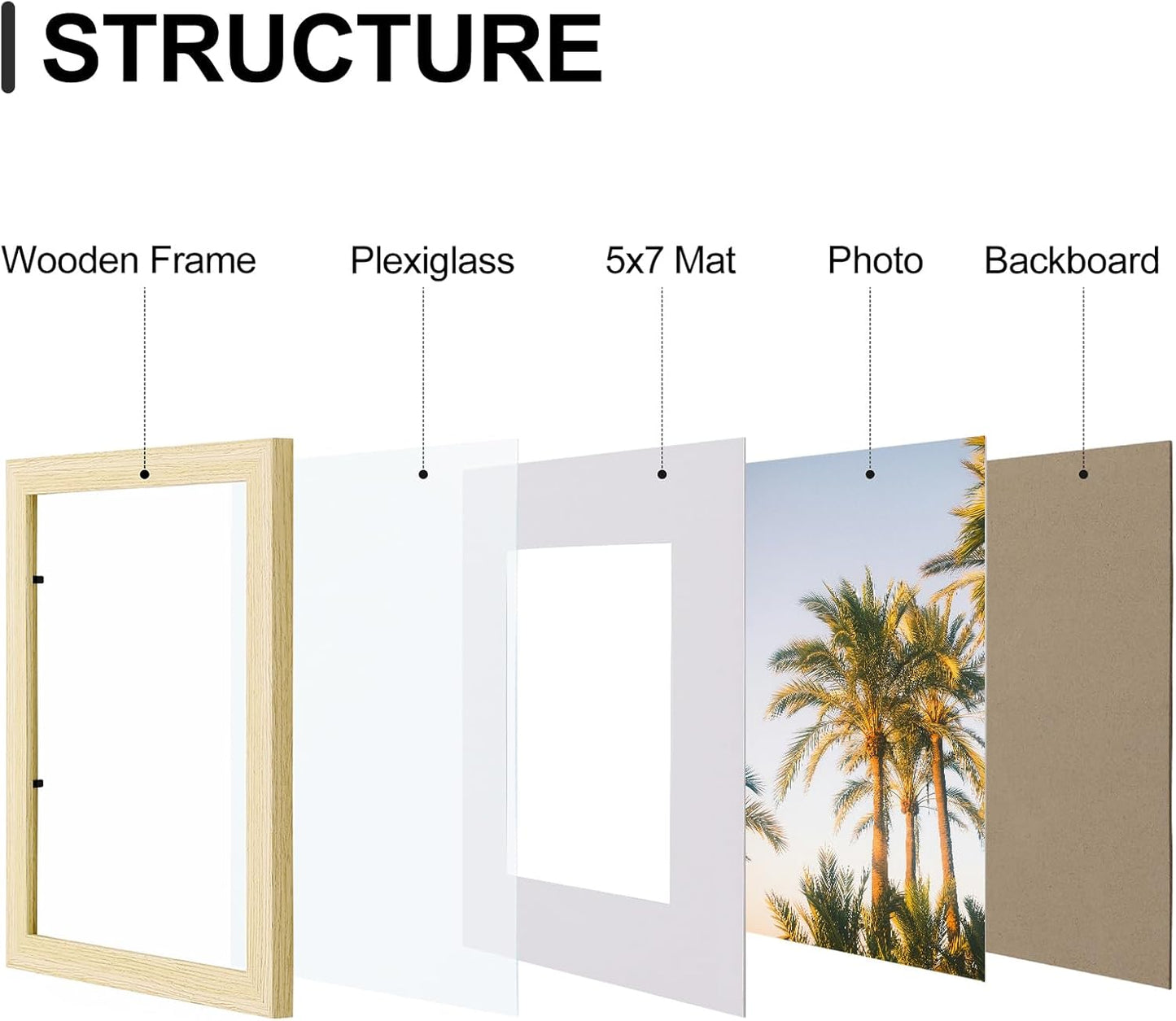Vittanly 8x10 Picture Frames Set of 9, Shatter Resistant Plexiglass, Display 5x7 Pictures with Mat or 8x10 without Mat, Photo Frames for Wall or Tabletop, Engineered Wood, OAK