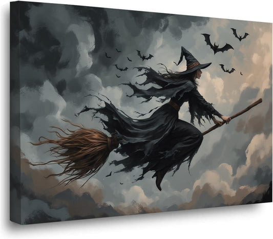 Witch and bat flying Halloween poster suitable for home party wall decoration retro Halloween preppy style wall art canvas print suitable for room decoration28x40in Wood Framed