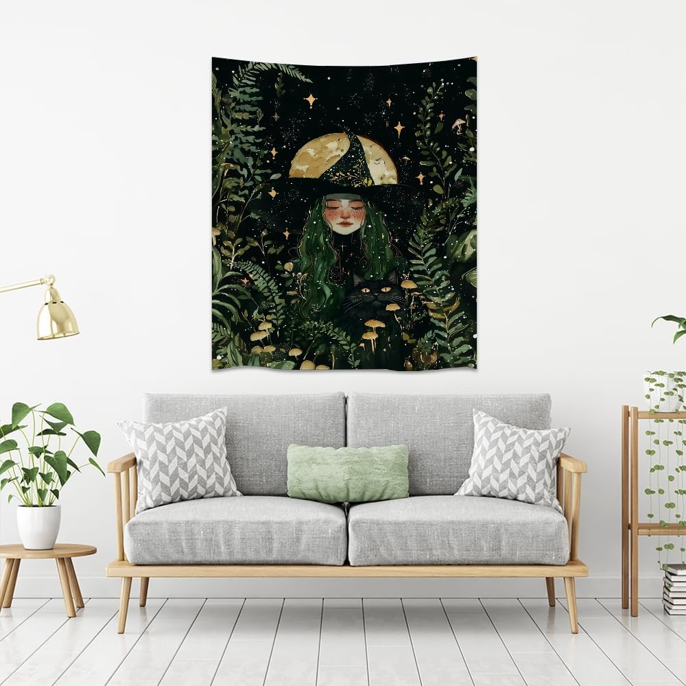Moon Witch Tapestry Wall Hanging Mystical Botanical Green Print Dark Forest Witchy Decor Gothic Magical Black Cat and Moon Tapestries for Bedroom Living Room Dorm Decoration Aesthetic 30x40inch