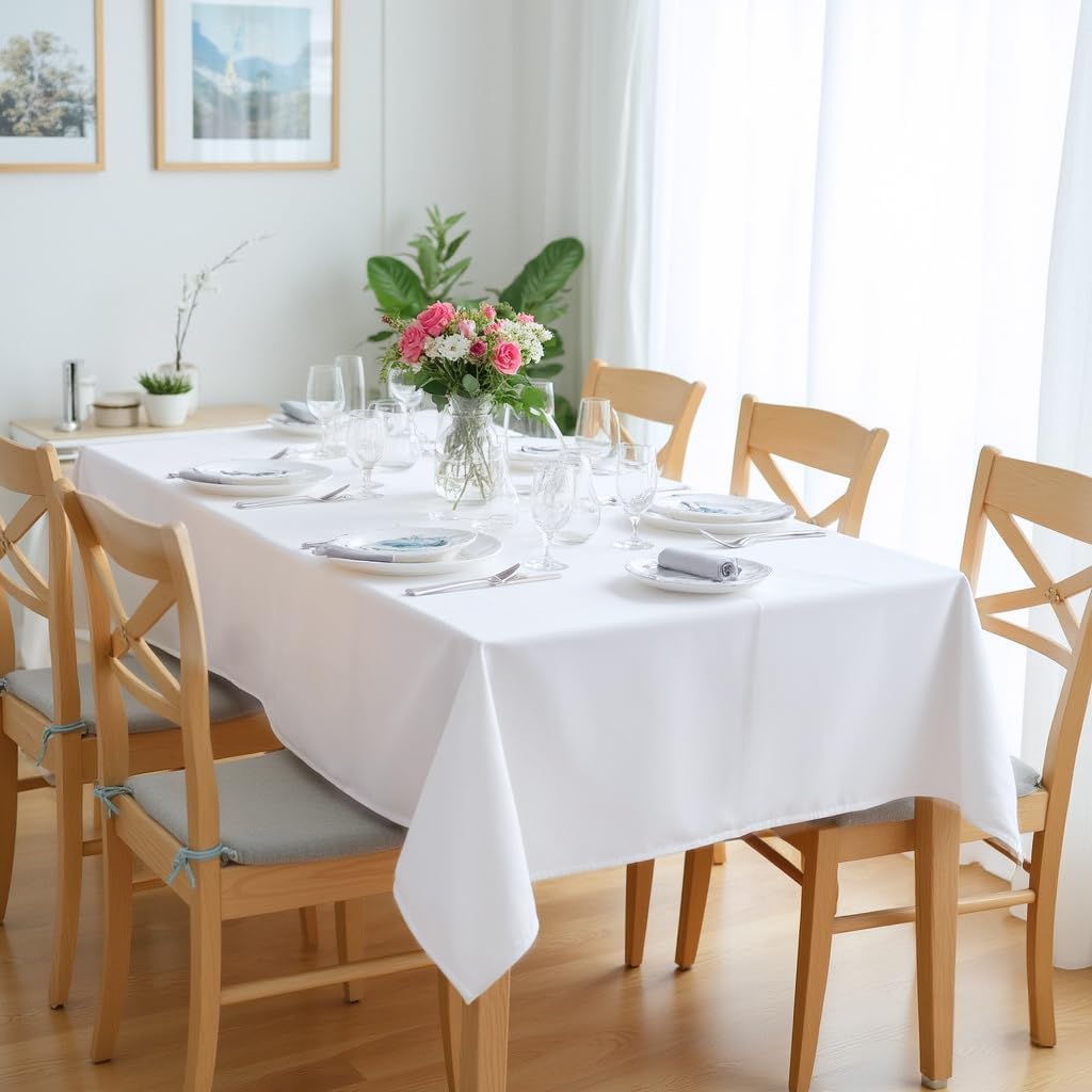 sancua Rectangle Tablecloth - 60 x 84 Inch - Stain and Wrinkle Resistant Washable Polyester Table Cloth, Decorative Fabric Table Cover for Dining Tables, Buffet Parties and Camping, White