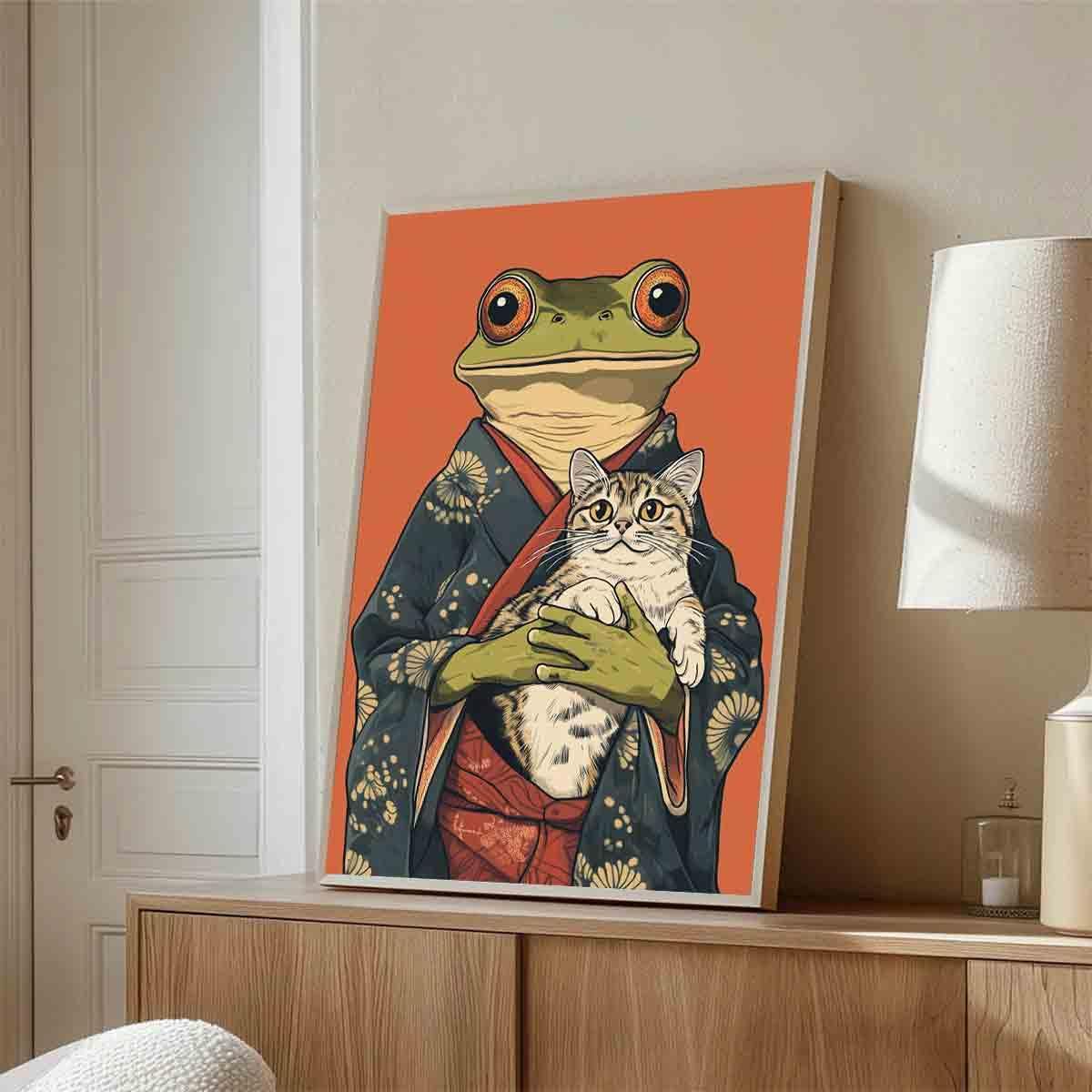 Japanese Frog Wall Art Funny Frog Posters Cute Cat Poster Japanese Cat Poster Funny Animal Wall Art Retro Animal Prints Whimsical Prints Aesthetics Vintage Abstract Painting Decor 16x24inch No Frame