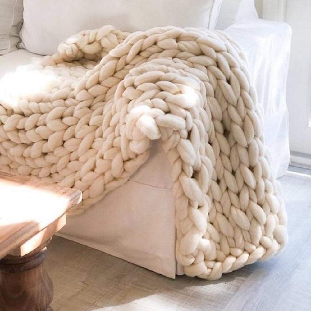 Chunky Knit Merino Wool Throw Blanket (Ivory White,60"x80")