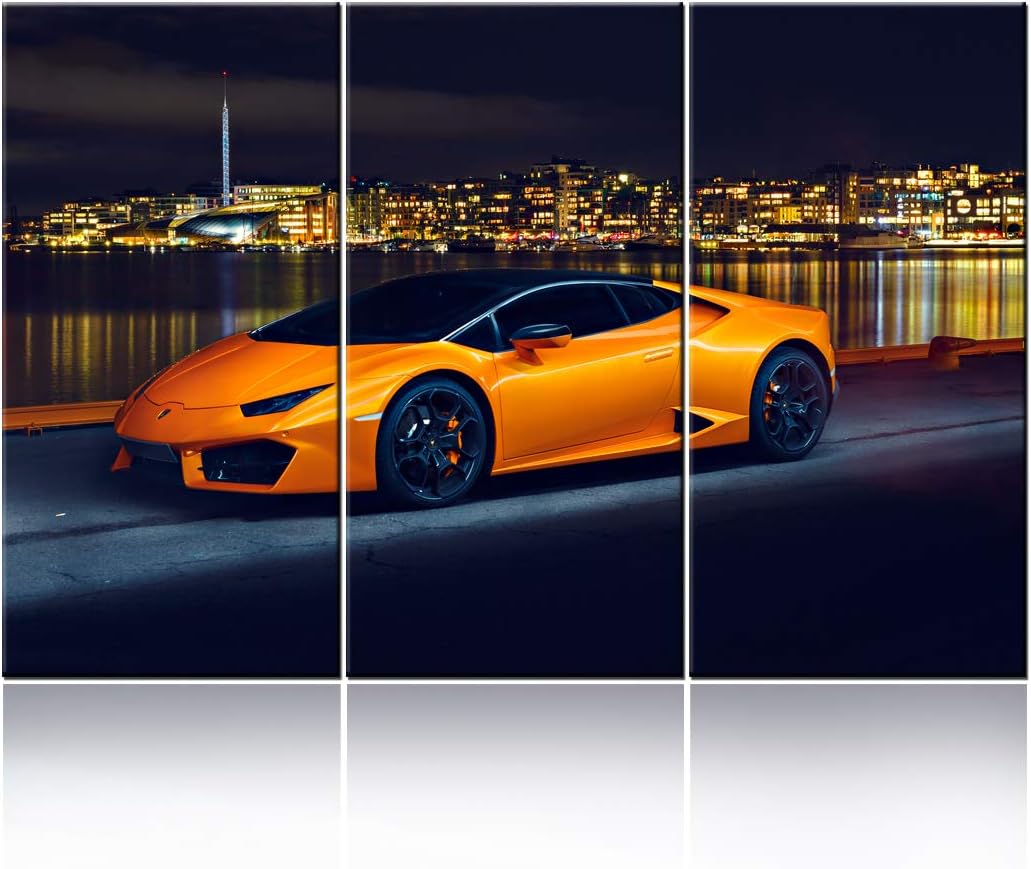 TUMOVO Large Various Types Big Pictures, Classic Car Canvas Wall Art Framed Orange Boys Fast Car Cool Sports Poster 3 Panel 3D Diamond Print Painting - 40 x 20inch x 3 Panels