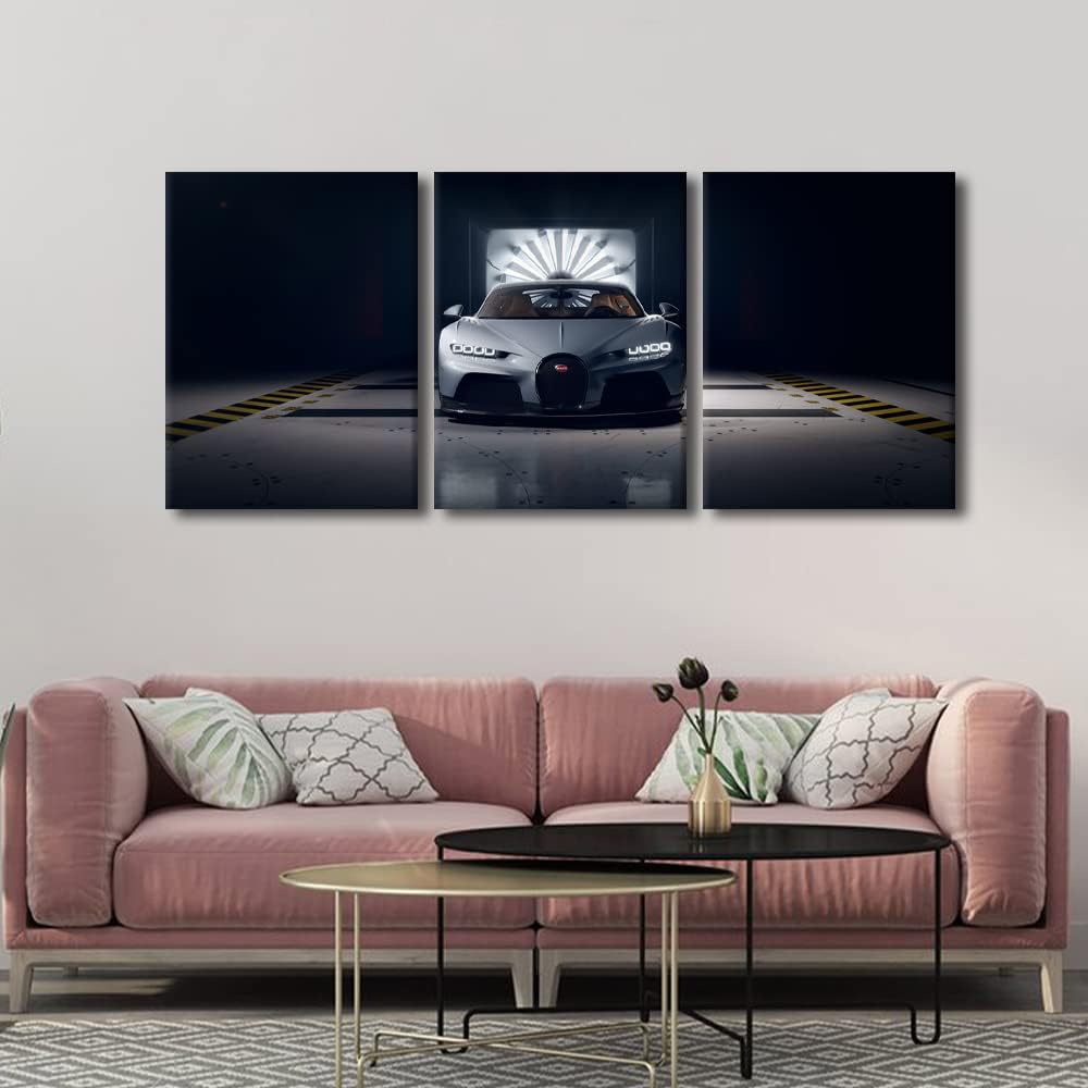TUMOVO White Sports Car Modern Wall Art Super Car Picture Contemporary Artwork Print On Canvas Racing Car Poster for Boys Bedroom Wall Art Pictures for Living Room Framed Ready to Hang, 36" Wx16 H