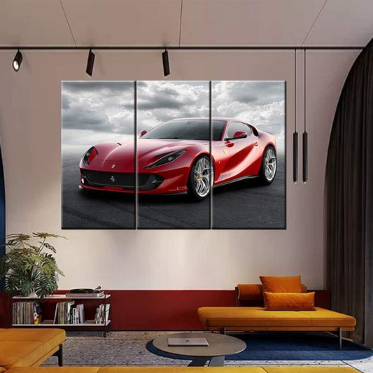 Red Speedy Car Poster Wall Art Sports Car Canvas Prints Red Car and Clouds Cars Picture Print on Canvas 3 Panel Speed Blur Cars Decorations for Boys Room Home Decoration - 40 x 20inch x 3 panels
