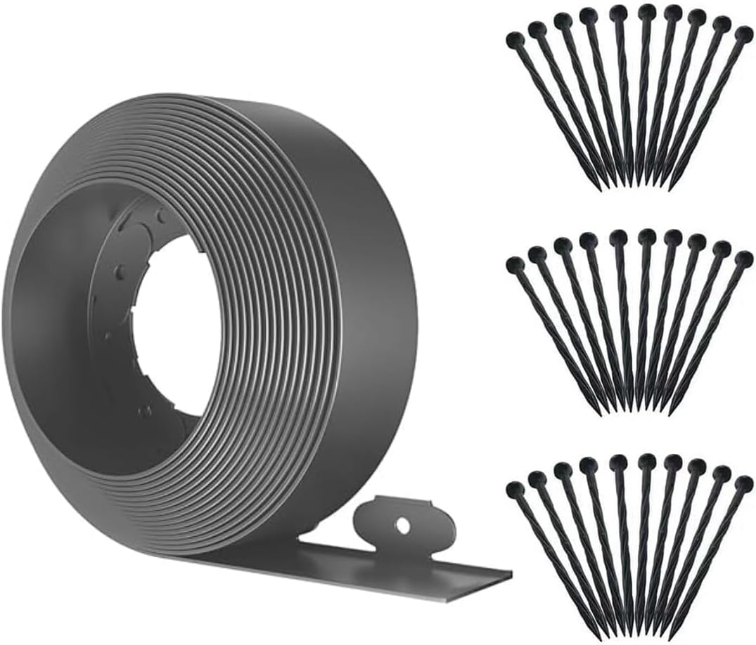 Landscape Edging,33ft x 4inch Tall Plastic Garden Edging Border with 30 Spikes,Lawn Edging for Landscaping Flower Bed,Yard,Patio-Grey