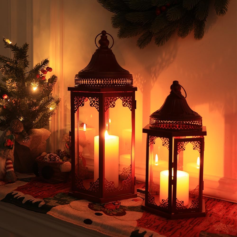 NEEDOMO Christmas Decorations Set of 2, 22''/15'' Christmas Lantern with Glass Panels for Home Decor, Decorative Hanging Lantern Indoor Outdoor for Xmas Table Centerpieces, Porch, Patio(Red)
