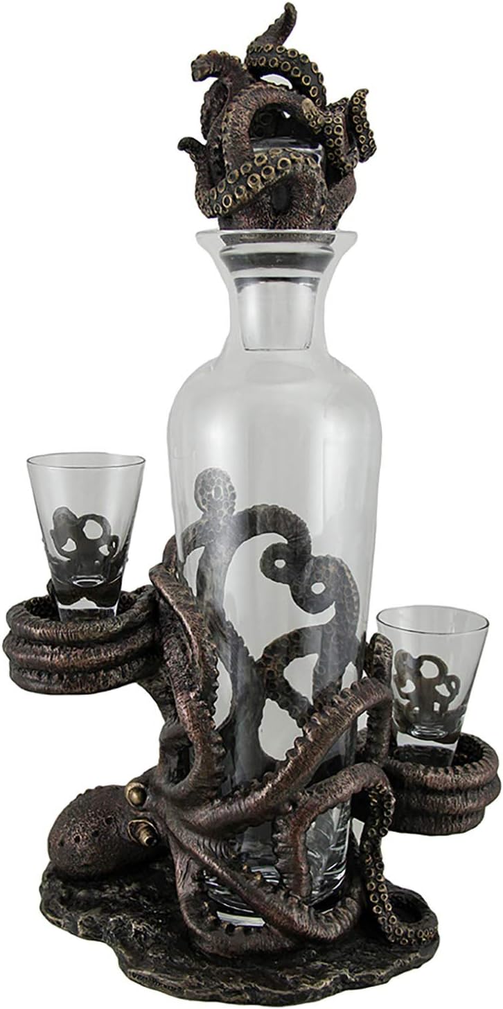 Resin And Glass Liquor Decanters Octopus Spirit Decorative Antique Bronze Finish Statue And Glass Decanter Set 8.5 X 15.5 X 5.25 Inches Bronze