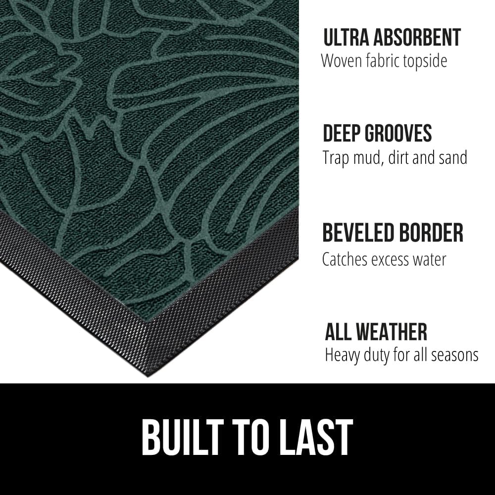 GORILLA GRIP 100% Waterproof All-Season WeatherMax Doormat, 34x58, US Designed Natural Rubber, Stain and Fade Resistant, Low Profile Indoor Outdoor Door Mats, Easy Clean Patio Mat, Green Palm