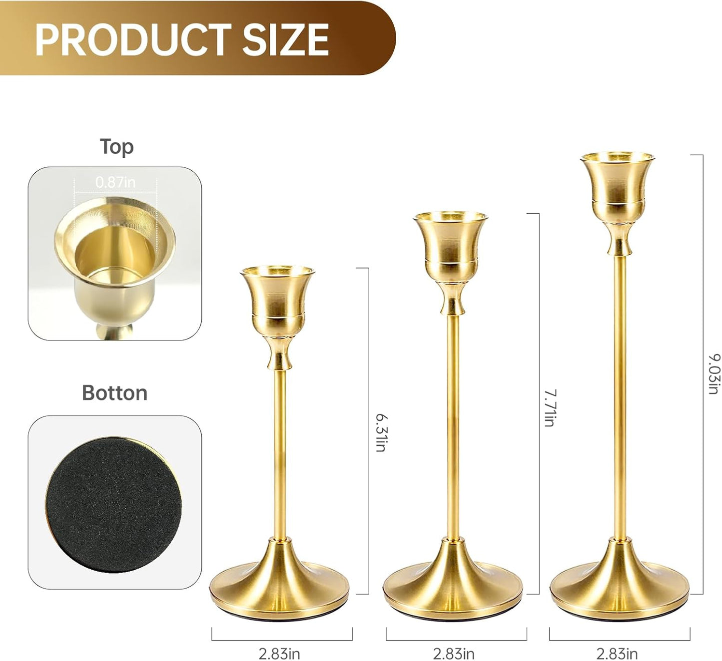 2 Sets(6 Pcs) Candle Stick Holders， Brass Gold Metal Taper Candle Holders, Vintage Modern Decorative Centerpiece Candlestick Holders for Table Mantel Wedding Housewarming Gift