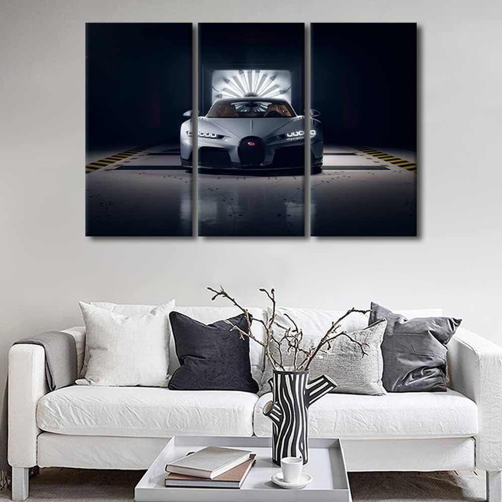 Gray Sports Car in the Garage Canvas Wall Art for Living Room Speed Sports Racing Cars Modern Abstract Painting 3 Panels Picture for Bedroom Office Home Wall Decorations Frame Wall Decor, 36"Wx24"H