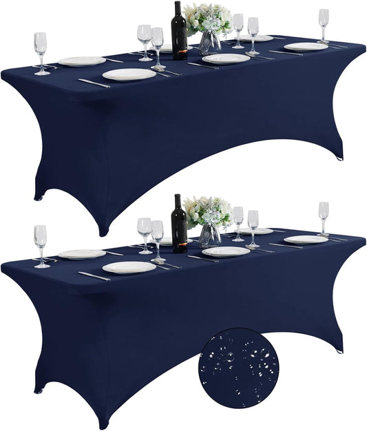 SuperO 2Pack Waterproof Spandex Table Cover for 8FT Table Universal Fitted Stretch Tablecloth for Party, Banquet, Wedding and Events-Navy
