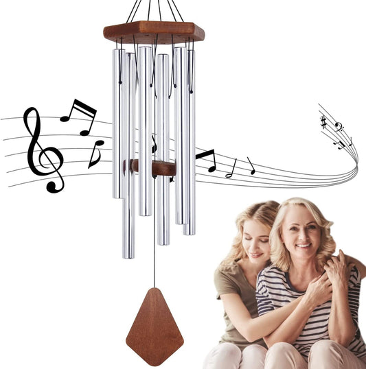 ASTARIN Memorial Wind Chimes for Outside, 30'' Deep Tone, Sympathy Wind-Chime Personalized with 6 Tuned Tubes, Elegant Chime for Garden Patio Balcony and Home Silver