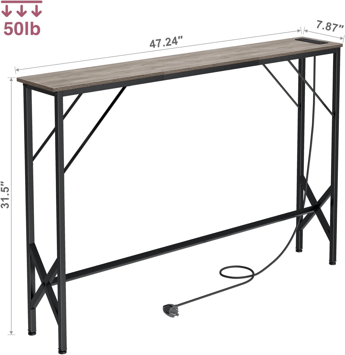 47.2'' Console Table, Skinny Entryway Table with Fast-Charging Station, Narrow Long Sofa Table, Behind Slim Couch Table for Entrance, Hallway, Living Room Decor ST-GY120-1