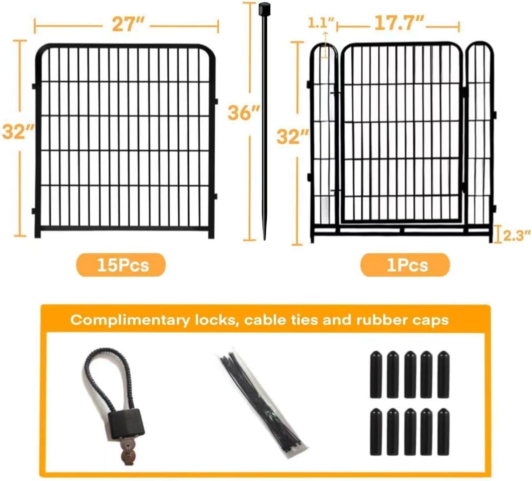 Garden Fences with Gate, 32 in(H)×27 in(L) 16 Panels Total 35.4 Ft(L), Garden Animal Barrier, Fence for Dogs Outside, Heavy Duty Iron Metal Animal Barrier Fence, Flower Bed Fencing