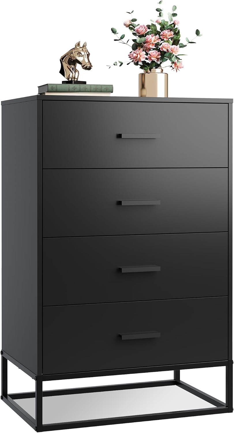 WLIVE Black Dresser for Bedroom with 4 Drawers, Tall Wood Dresser with Sturdy Metal Frame, Wooden Chest of Drawers for Hallway, Living Room, Closet