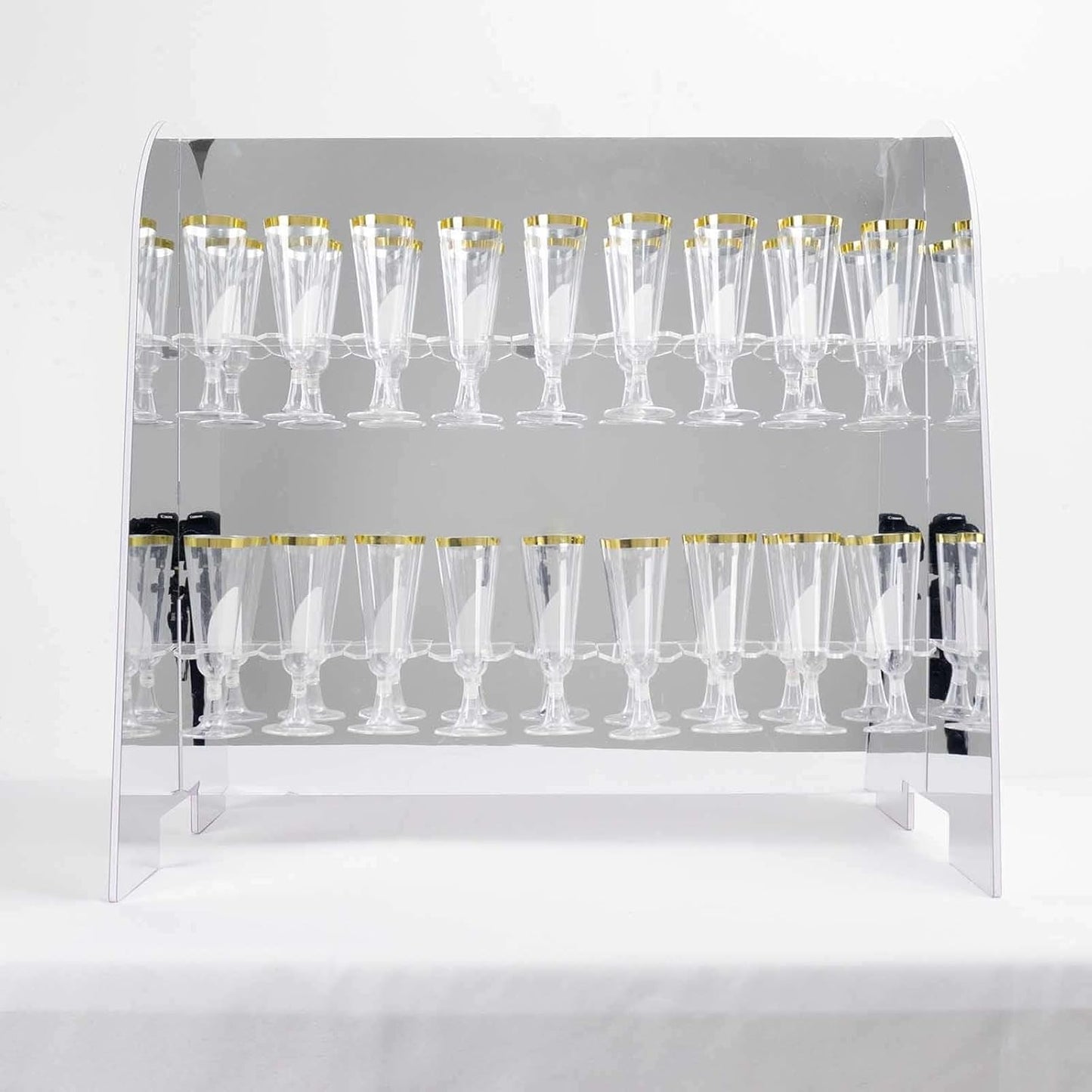 Tableclothsfactory Silver Mirror Finish 2-Tier Wine Glass Stemware Rack, 18 Champagne Flute Holder Foam Board Stand - 25"