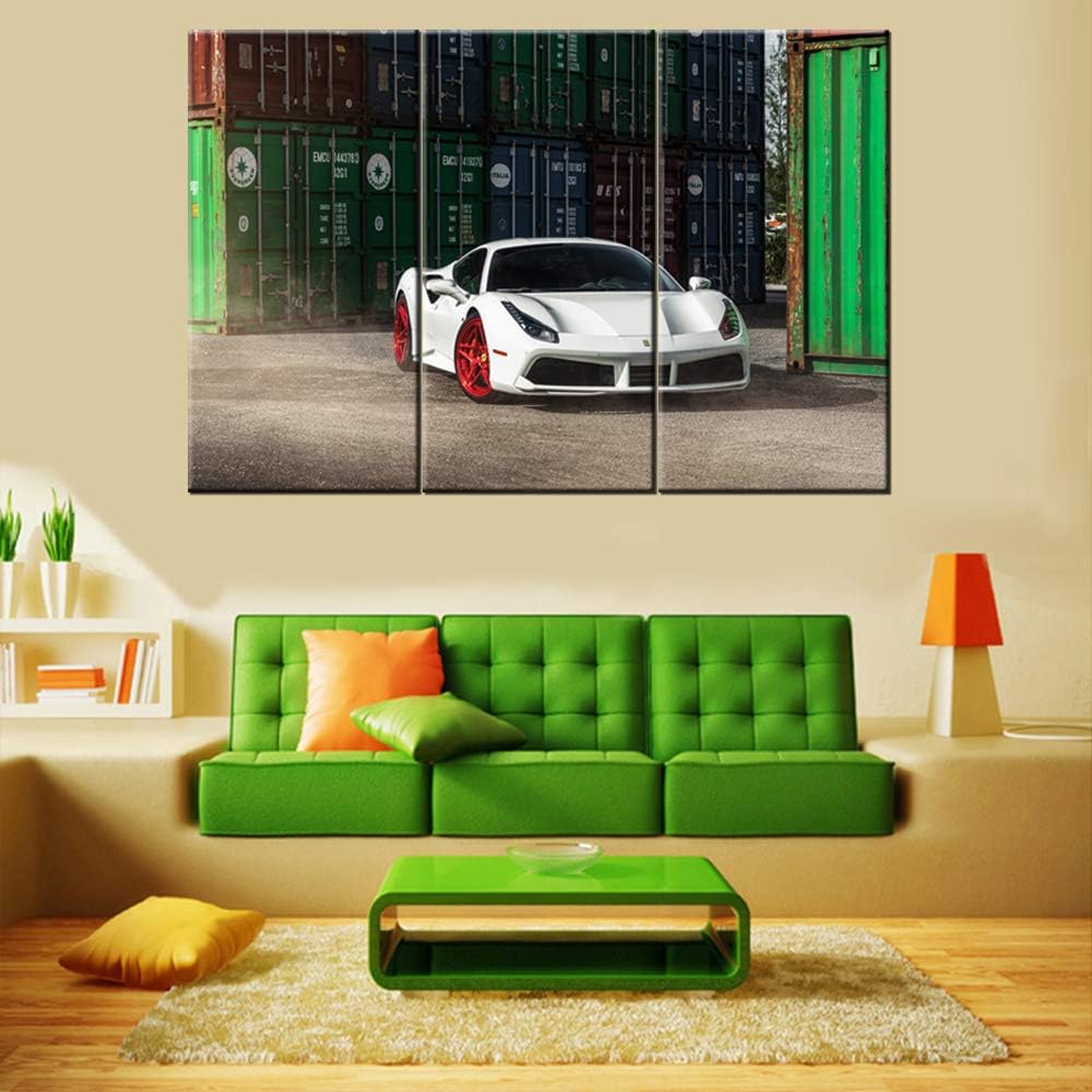 TUMOVO 3 Pieces Wall Art 488 White Sports Car in Warehouse Painting The Picture Print On Canvas Racing Car Pictures for Home Decor Decoration Gift Piece 40 x 20inch x 3 Panels