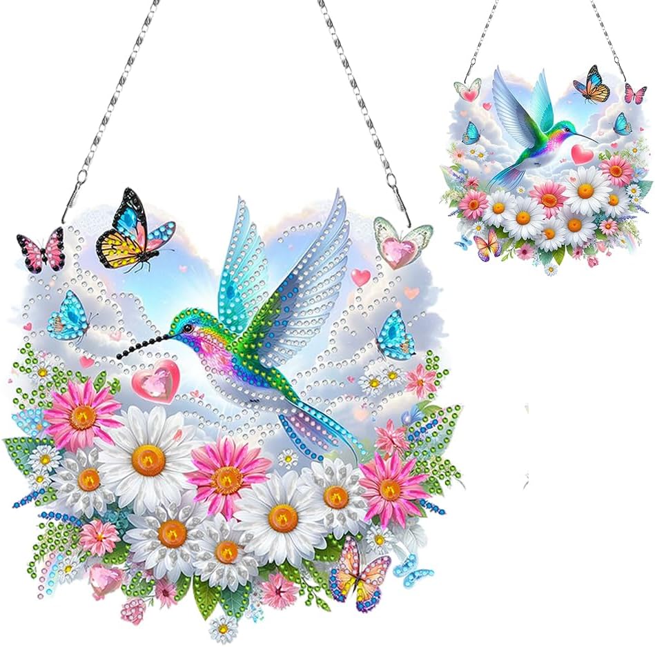 Flowers Hummingbird Diamond Art Kits,5D Diamond Hanging Ornament Kits,DIY Special Shaped Diamond Dot Kits,Home Porch Crystal Hanging Pendant Ornament (Colorful4)