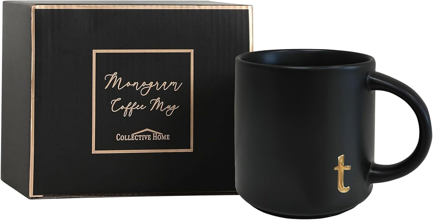 COLLECTIVE HOME - Black Monogram Ceramic Mugs, 15 oz Golden Initial Coffee Cups, Elegant Alphabet Tea Mugs, Personalized Halloween Mug with Gift Box, Perfect for Office and Home Décor (t)