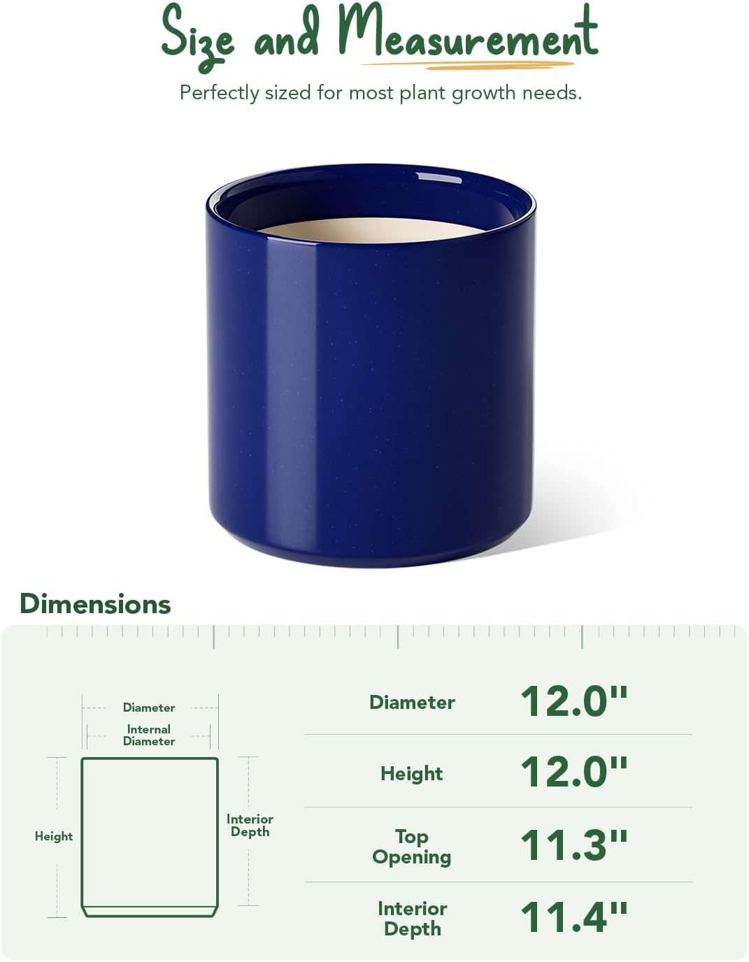 LE TAUCI 12 Inch Pots for Plants, Ceramic Large Plant Pot for Indoor Plants, Mid-Century Modern Flower Planter Pots with Drainage Hole and Removable Plug, Round Planter Pot, Sapphire Blue