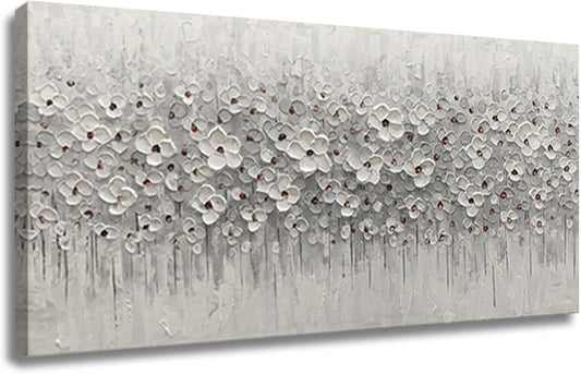 Large Canvas Wall Art for Living Room White Flowers Picture Hand-Painted Oil Painting Framed Artwork Modern Gallery Plant Decor Wall Decorations for Bedroom Bathroom Size 60x30 inch Ready to Hang