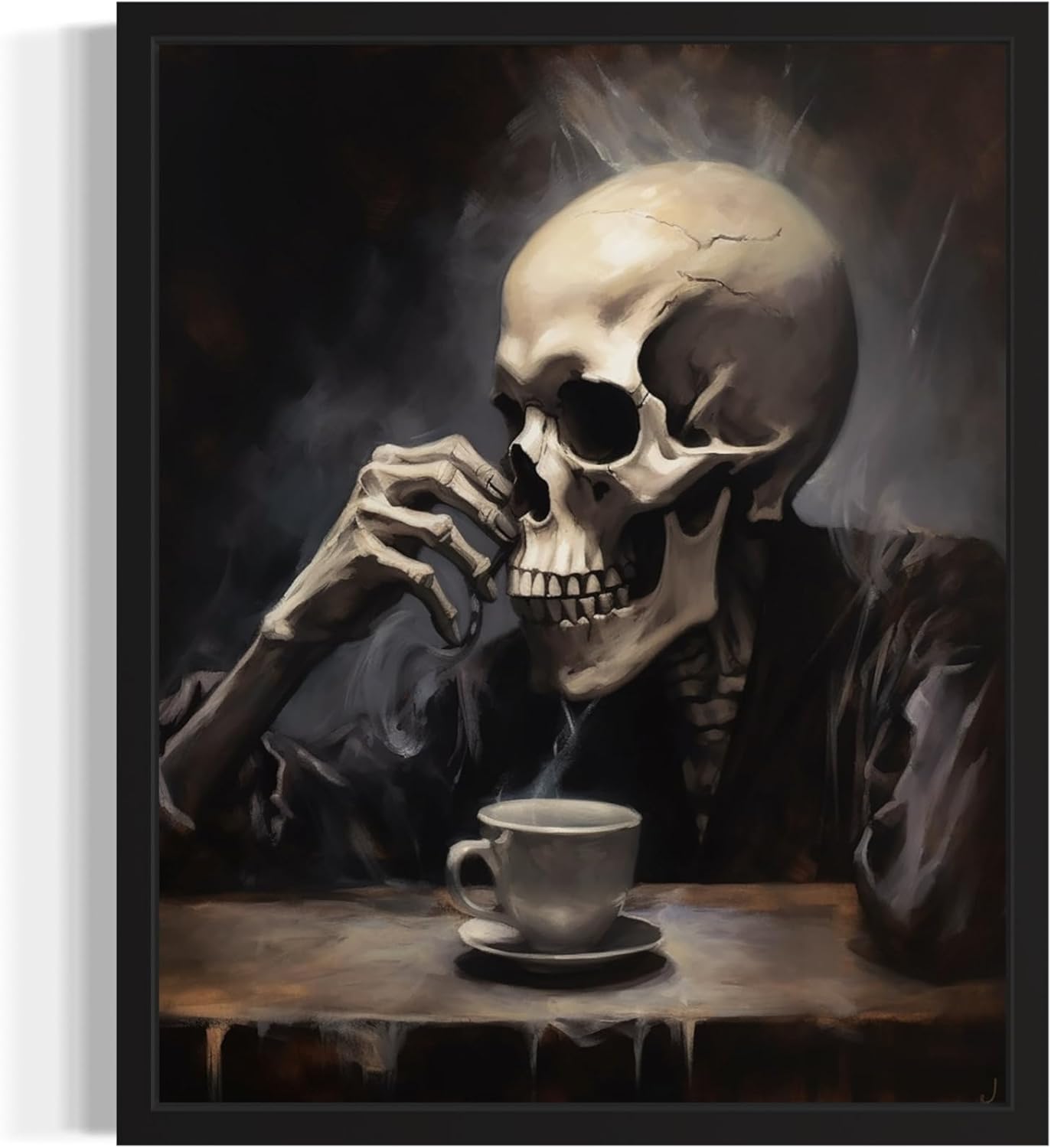 Skull Drinking Coffee Poster Art Print, Halloween Scary Vintage Wall Art Academia Spooky Painting Decoration for Horror Prints, Gothic Posters Bedroom Decor 89 (Skull Drinking Coffee, 16 x 20 inches, Unframed)