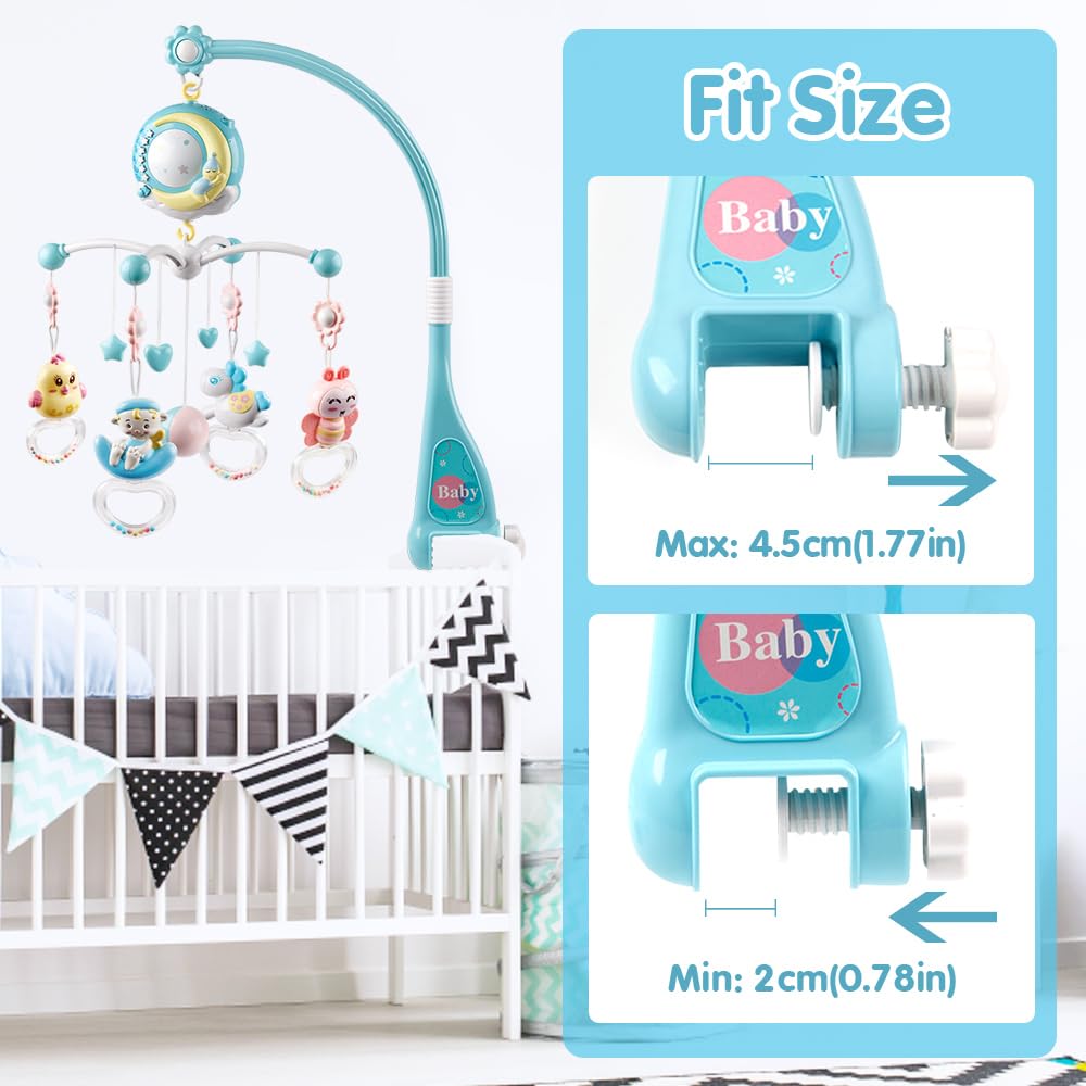 Baby Musical Crib Mobile with Timing Function Projector Lights,Stand-Along Rattles and 150 Melodies Music Box with Remote Control for Newborn 0-24 Months