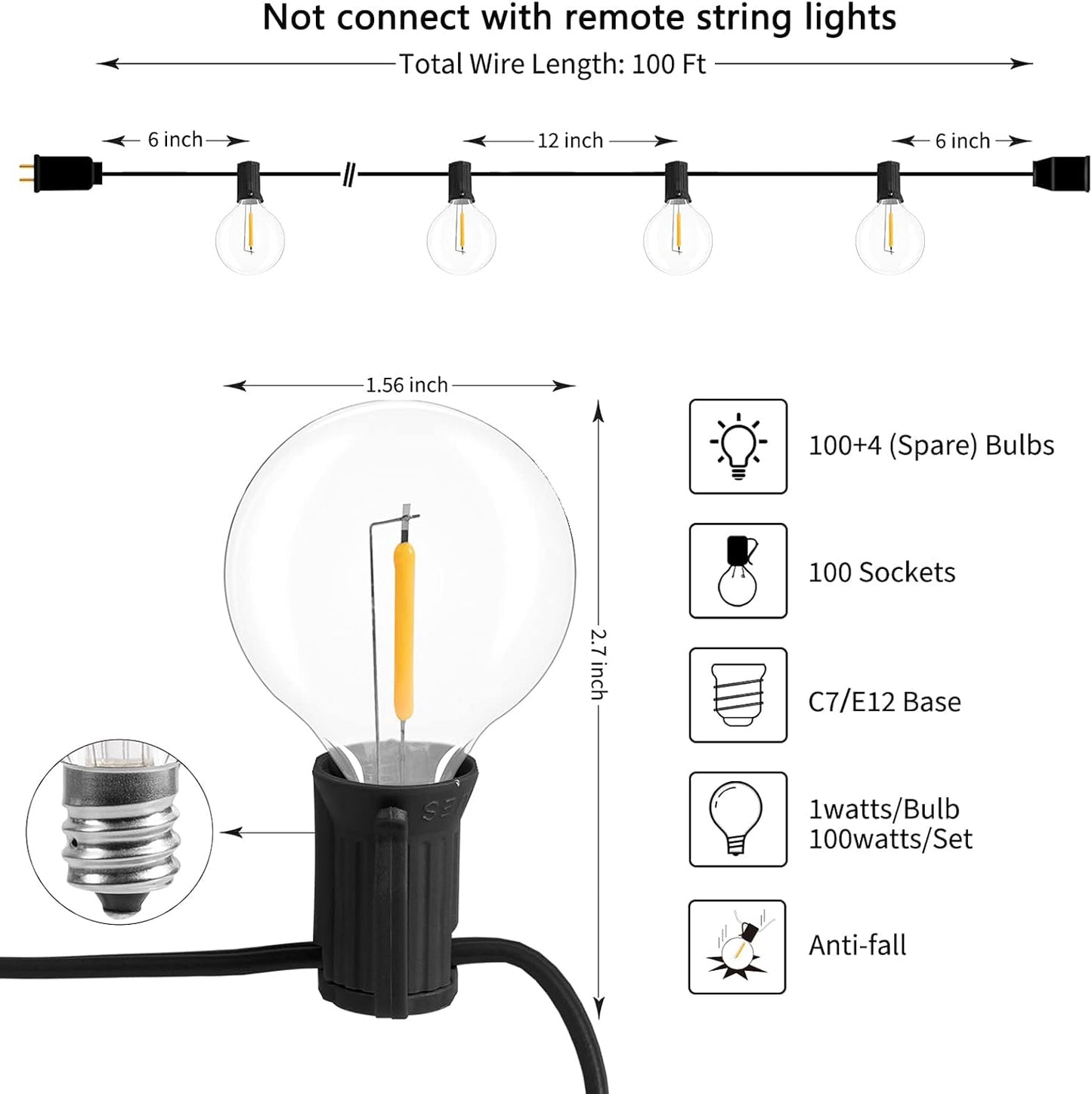 LED G40 Outdoor String Lights Patio Lights 100FT with 104 LED Shatterproof Bulbs, Weatherproof Commercial Hanging Lights for Backyard Bistro Pergola Party Decor, E12 Socket Base, 2200K, Black