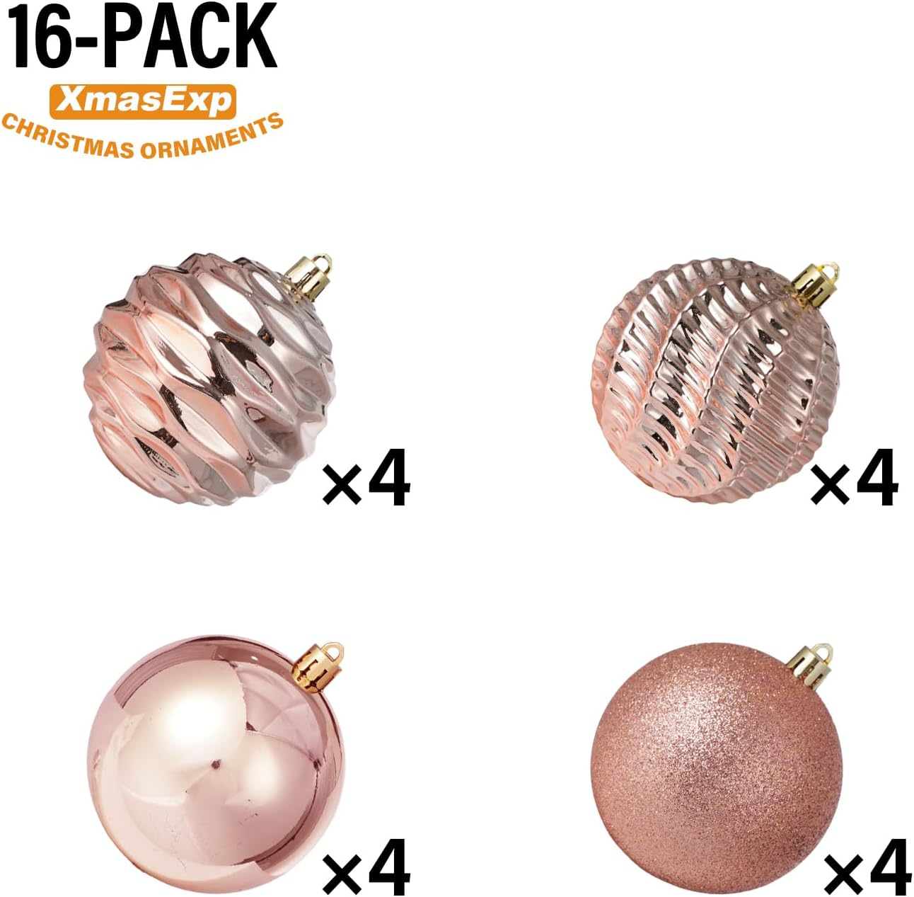 XmasExp 16ct Christmas Ball Ornaments Shatterproof Xmas Tree Hanging Balls Decorations Perfect for Holiday Wedding Christmas Decor (Rose Gold, 3.15")