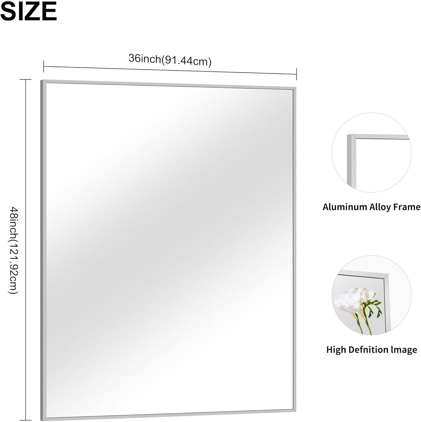 Silver Bathroom Mirror, 48"X36" Rectangle Mirrors for Wall Metal Frame, Bathroom Rectangular Mirror Modern Wall Mirror for Bedroom Living Room, Hangs Horizontal or Vertical