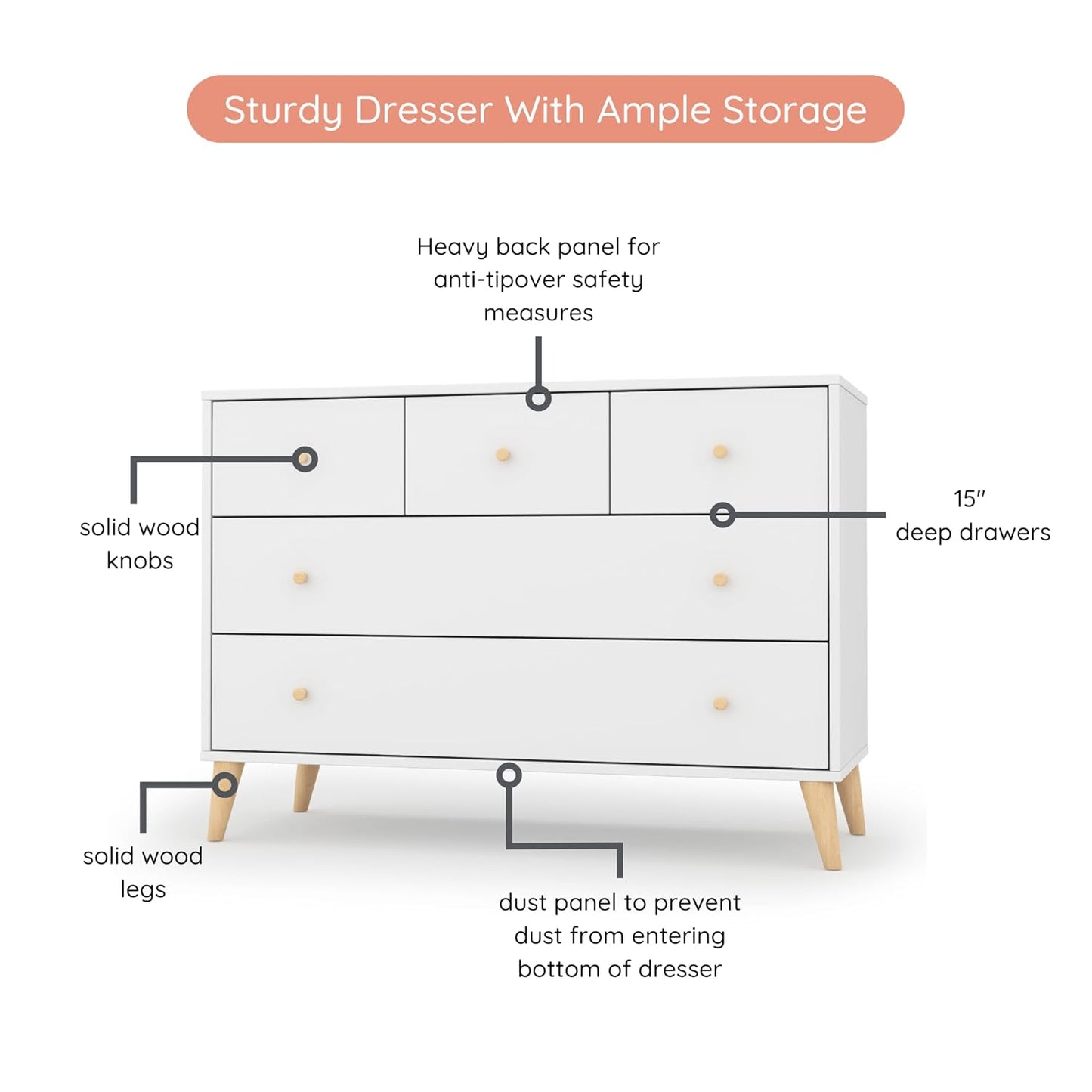 dadada Austin 5-Drawer Dresser for Nursery and Bedroom - Modern Design, Large Storage, Baby-Safe Finish, Anti-Tip Safety, Solid Wood Feet, Durable Construction (White+Natural)