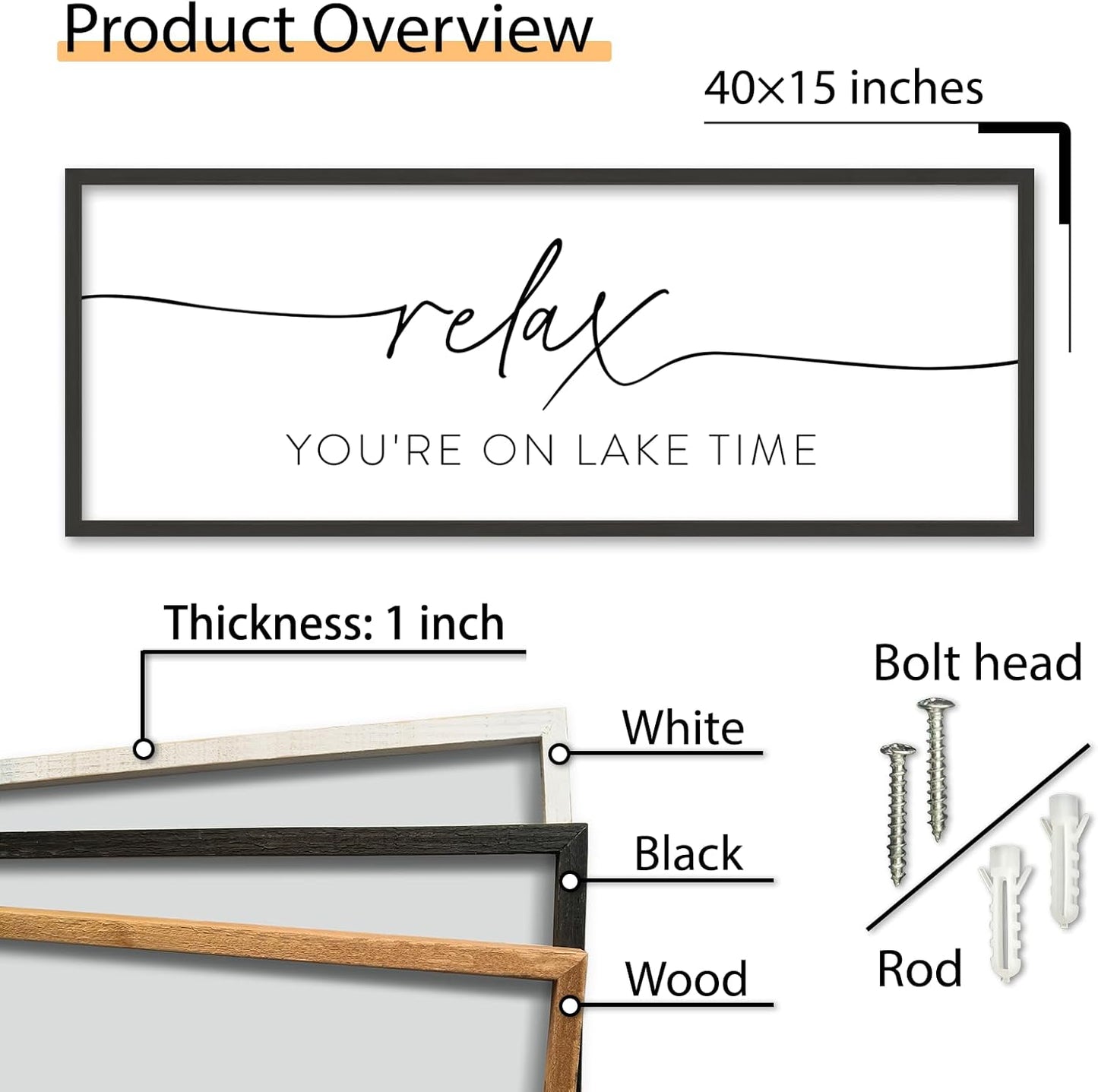 SRSZHIYUE Relax You're On Lake Time Wall Decor Above Bed Sign 40"×15" for Lake House Bedroom Over Bed Large Wood Framed Hanging Art (Black)