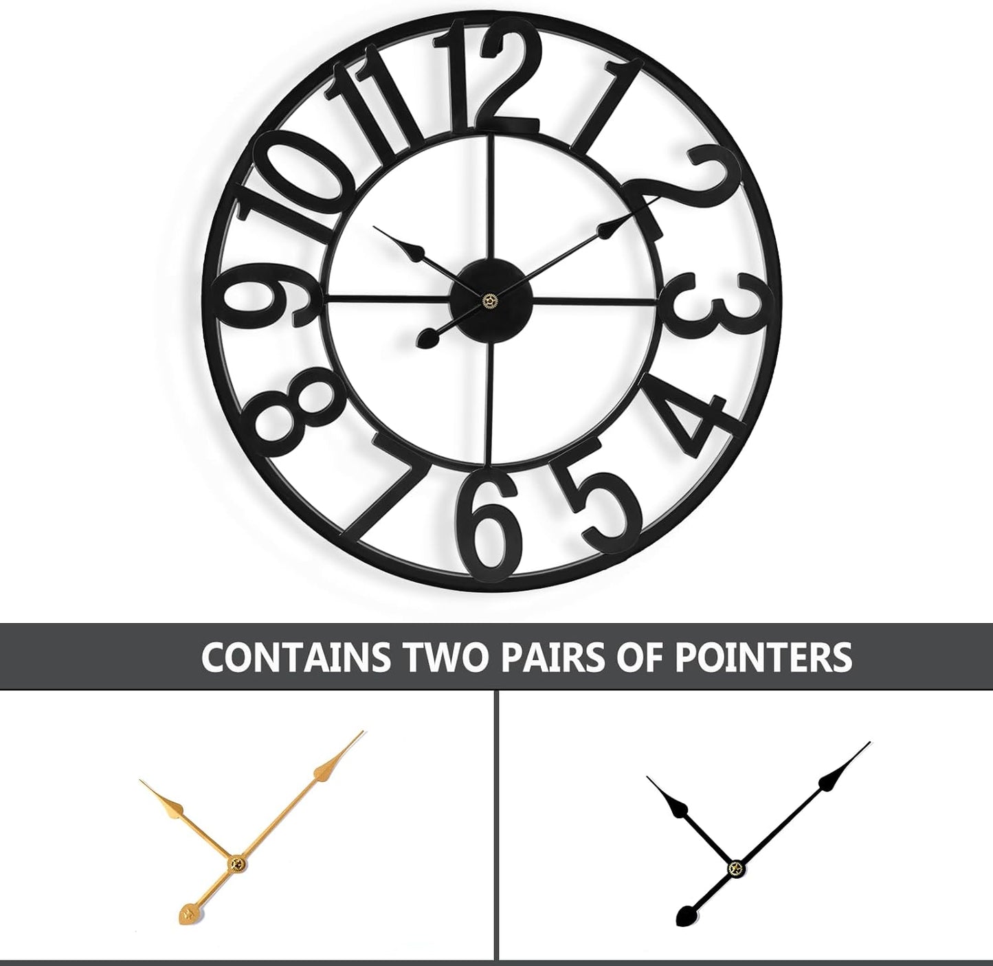 Tatub 24 Inch Large Wall Clock for Living Room Decor, Arabic Numeral Modern Round Decorative Metal Large Wall Clock for Bedroom and Kitchen, Silent, Non Ticking, Battery Operated