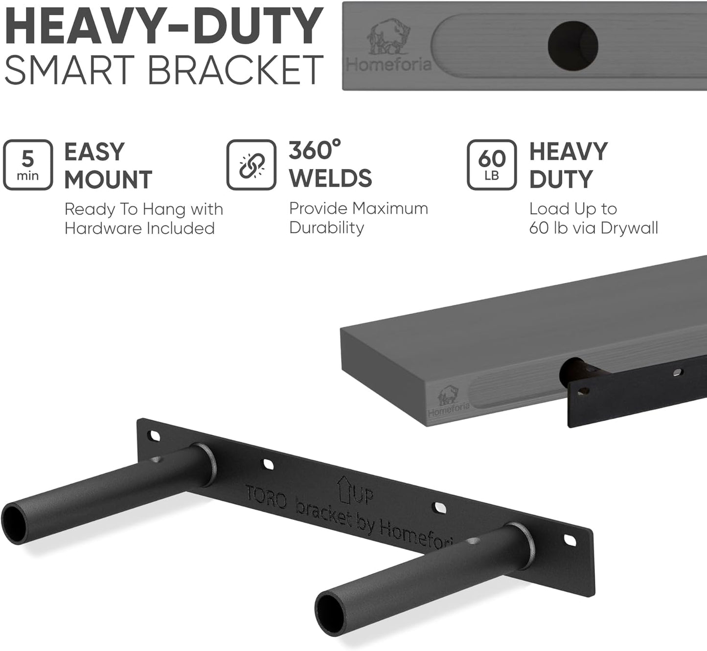 Homeforia Gray Floating Bathroom Shelves, High End Solid Real Wood 16 inch Small Floating Shelf for Wall Mounted, Grey Wooden 16 in Floating Shelves, Heavy Duty Bracket, 16 X 6.5 X 1.75 inch, Set of 2