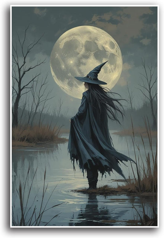 JFHCQJPK Witch in the moonlight magic canvas wall art enchanting Halloween home decor swamp witch silhouette oil painting mysterious gothic aesthetic wall decor print poster16x24in Frameless