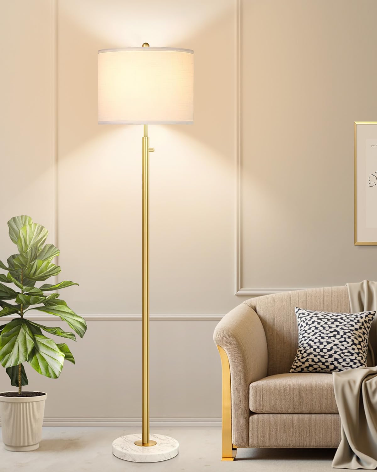 【Upgraded】Dimmable Gold Floor Lamps for Living Room, 11W LED Bulb Included, Modern Standing Lamp with Marble Base, Tall Pole Light with White Linen Shade for Bedroom Reading Office Corner Nursery