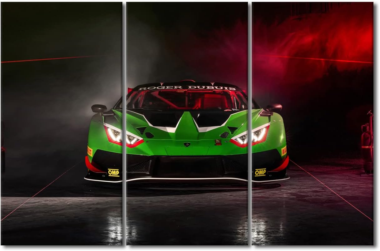TUMOVO 3 Piece Wall Pictures for Living Room Green Sports Car Painting on Canvas Wall Decor Art Supercar Speed Car for Boys Bedroom Wall Art Modern Artwork Framed Ready to Hang, 60" Wx40 H
