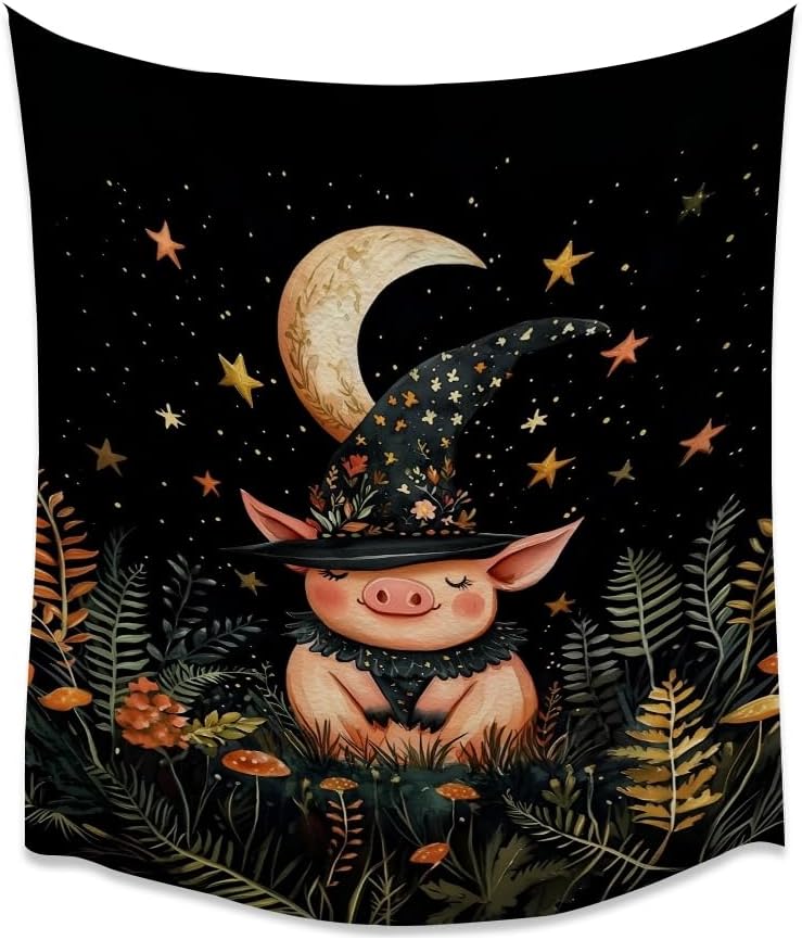 Whimsical Witch Pig Tapestry Wall Hanging Cute Farmhouse Animal Tapestry Aesthetic Moon and Stars Pictures Print Cottagecore Witchy Halloween Artwork Tapestries Decor for Living Room Bedroom 30x40inch