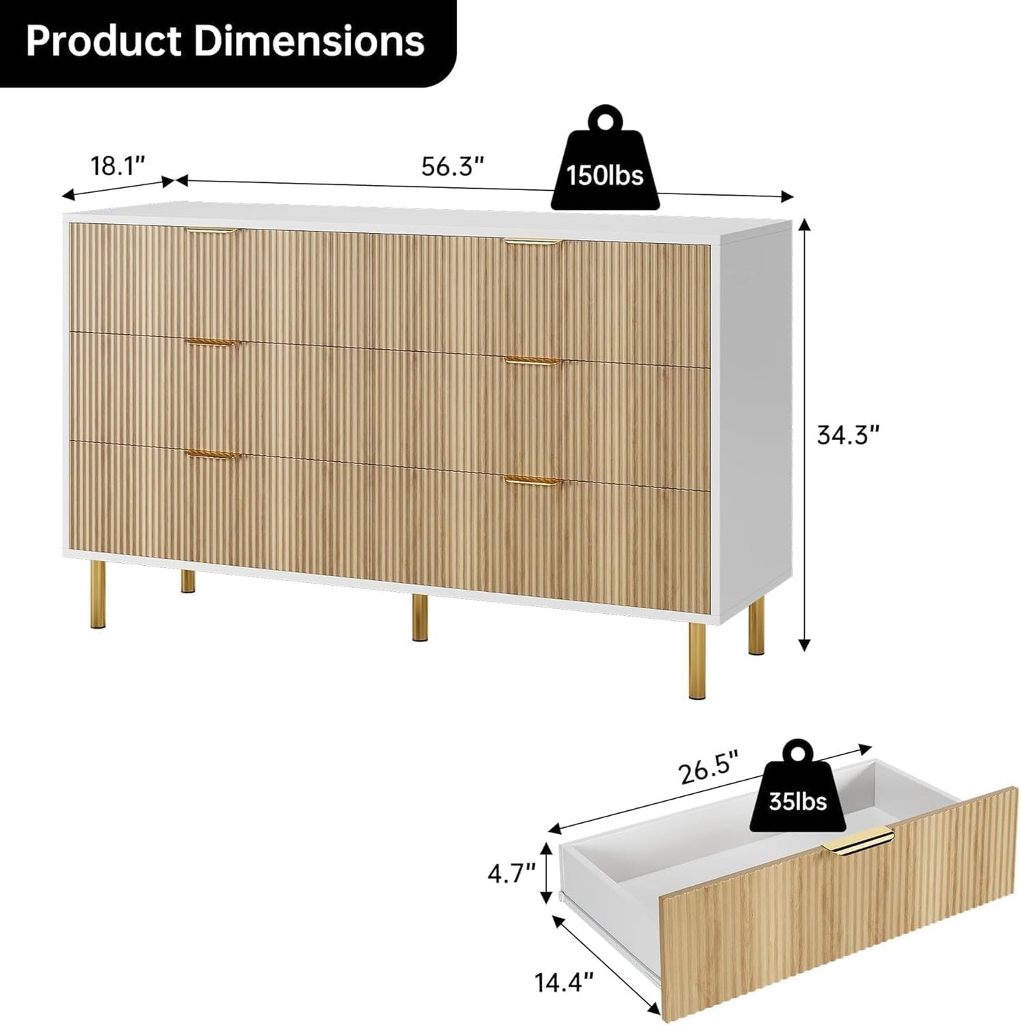 GAOMON 6 Drawer Dresser, Wood Chest of Drawers Organizer Storage with Gold Handle, Large Storage Cabinet, Modern Design Dresser for Bedroom, Living Room, Closet, Hallway, Entryway, Natural