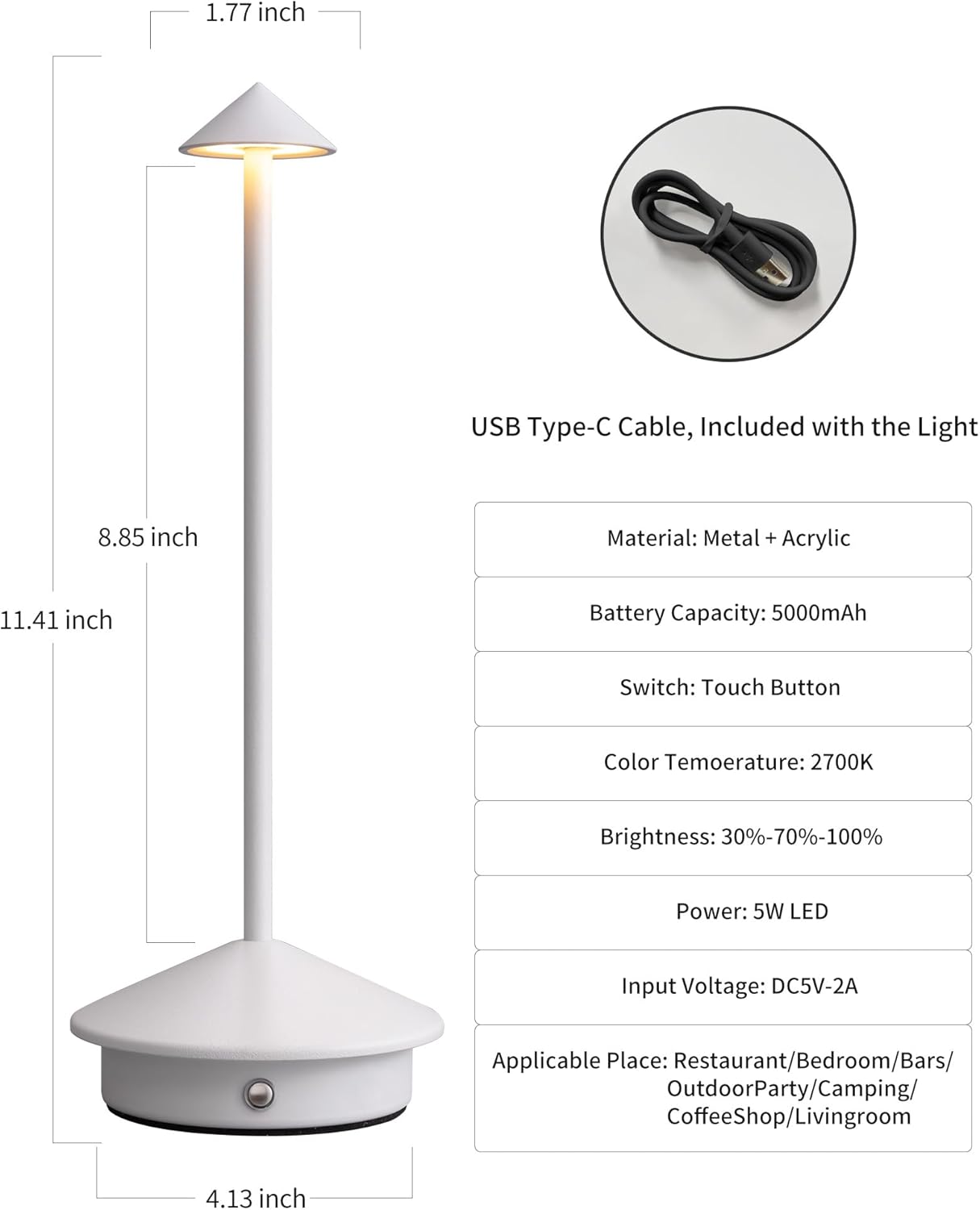 Modern Cordless Table Lamp Set of 2, Portable LED Desk Lamps, 5000mAh Rechargeable Battery Operated Lighting for Bedroom Dining Room Restaurant Coffee Shop Camping Night Light (White)